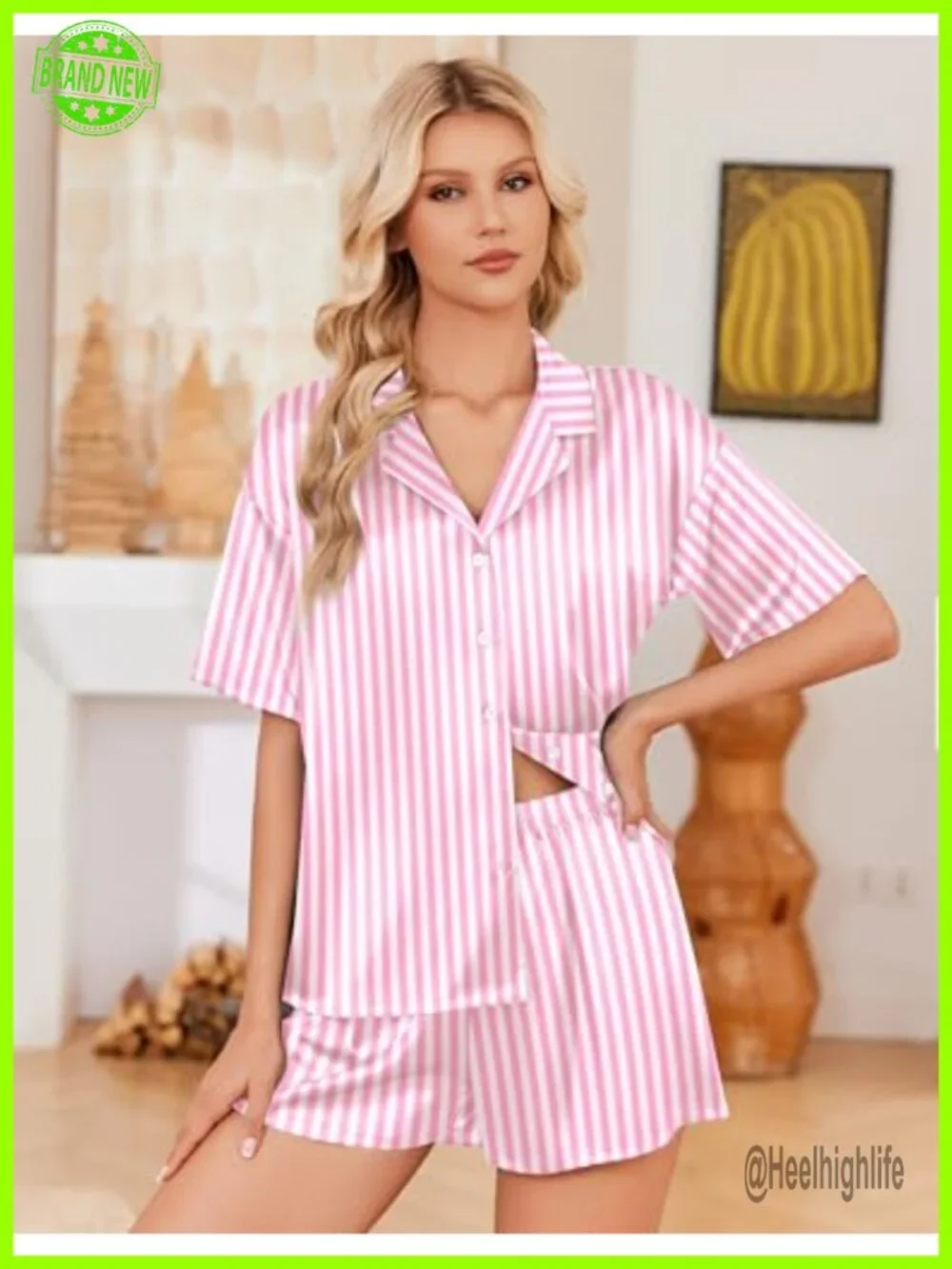 Satin Pajama Set Short Sleeve Button Down Sleepwear 2 Piece Silky Pj Set Ladies
